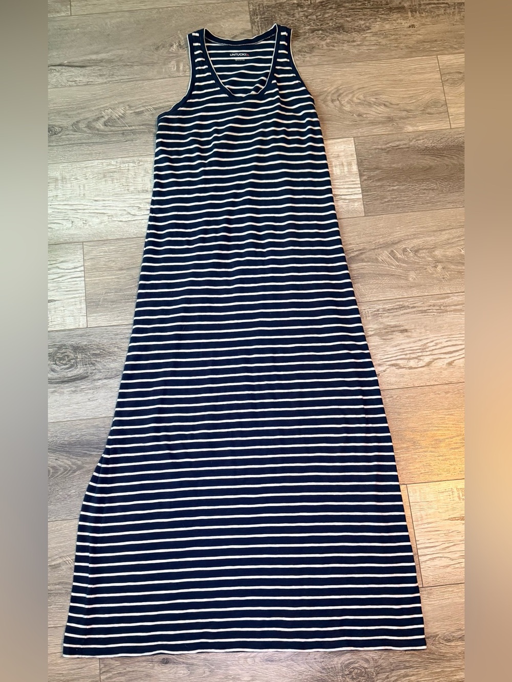 UNTUCKit Navy White Stripe Maxi Dress 100% Cotton Sleeveless Size S